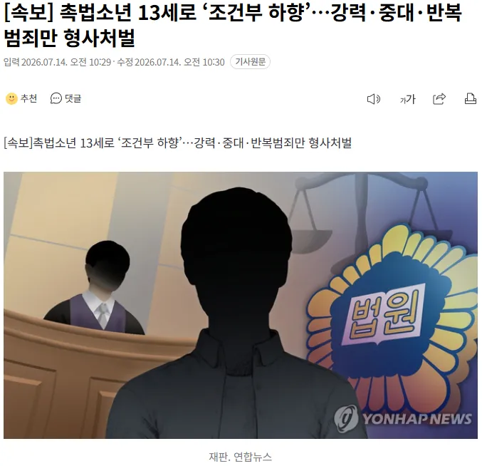 [속보] 촉법소년 13세 ‘조건부 하향’…강력·중대·반복범죄만 처벌 1번째 미디어